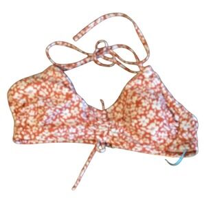 Kona Sol Floral Print Ruched Halter Bikini Top Orange White Size M 8 10